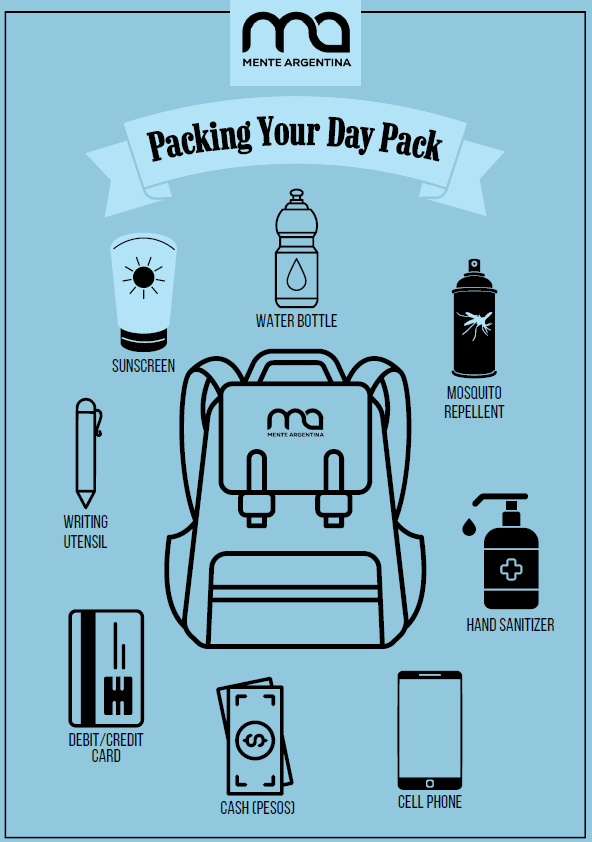 Checklist for packing your day pack with essentials such as sunscreen, water bottle, mosquito repellent, hand sanitizer, writing utensil, debit/credit card, cash (pesos), and cell phone